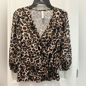 Women's leopard print wrap tie blouse size Small with sheer puffy sleeves
